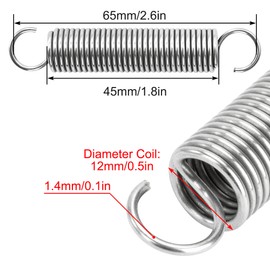 GUNGY Tension Springs with Hooks Stainless Steel Tension Spring 65 mm Outer Diameter 12 mm Wire Diameter 1.4 mm Maximum Tensile Force 4.87 kg 1.4 x 12 x 65 mm Pack of 4