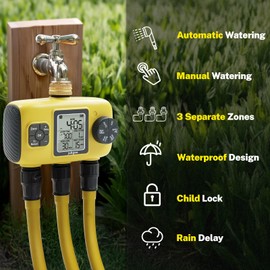 Johgee Irrigation Computer 3 Outputs with Brass Inlet, 3 Zone Irrigation Programs Garden Watering Timer, Automatic Watering Timer Rain Delayed/Manual/Automatic Mode