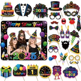 HOWAF 29pcs Colorful Happy New Year Photo Booth Props with Photo Frame,2025 New Year Decoration Selfie Props,Color Firework New Years Props for NYE Party Supplies,2025 NYE Cheers New Year Selfie Props