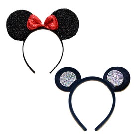 Sequined Bow and Glitter Ear Headband 2 Pieces Assorted Color Set (BkR-RhB)