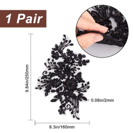 GORGECRAFT 2 Pieces Pearl Flower Embroidery Lace Patches 3D Floral Pattern Black Embroidered Sew On Lace Fabric Trim For Headdress Clothing Bridal Accessories Crafts DIY
