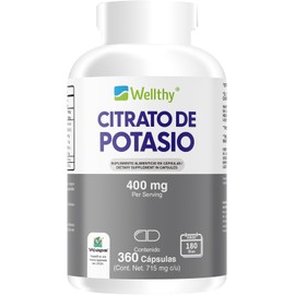 Wellthy Citrato de Potasio 220 Cápsulas 400mg. 110 Porciones por Envase, Hecho en Planta Certificada, VCaps Cápsulas Vegans, Bottle Free.
