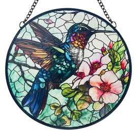 Hummingbirds with Flowers Suncatcher Indoor/Outdoor Stained Glass Window Hanging - Hummingbird Decorations Suncatchers for Window - Decoration for Home Garden Bird Lovers Women