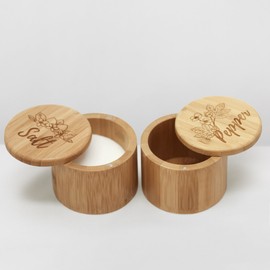 Wooden Salt & Pepper Box Set Engraved Magnetic Lid Bamboo Spice Jars & 2 Spoons