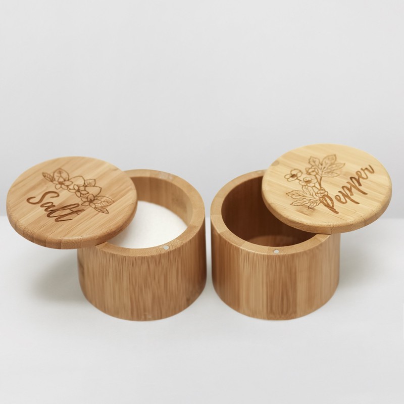 Wooden Salt & Pepper Box Set Engraved Magnetic Lid Bamboo