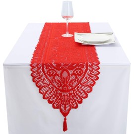 mookaitedecor 13x70 Inch Red Lace Table Runner for Wedding Festival Party Christmas Table Centrepiece Living Room Home Desk Decor, Vintage Elegant Floral Dinner Table Runner with Tassels