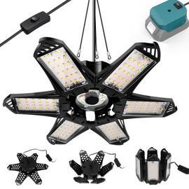 LIVOWALNY LED Work Light Compatible with Makita 18V Battery, 68W 6800LM LED Garage Flood Lights with 6+1 Deformable Panels, Battery Powered Pendant Ceiling Light for Shed Workshop Garage Home