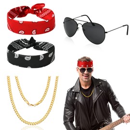 Aomig Punk Gothic Rocker Kit,Heavy Metal Rock für 70er 80er 90er Jahre Outfit Damen Herren, 4 Stück Hip Hop Disco Kostüm Accessoires:Sonnenbrille,Goldketten, 2 x Bandanas, Rock Frauen Rapper Zubehör