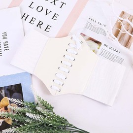 Borsgye Leather Elastic Waist Belts Womens Vintage Lace-up Corset Cinch Waist Band Waspie Elastic Retro Tied Wide Belt Bandage Elasticity Girdle Wrap for Costume - White