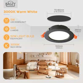 BAGZY LED Recessed Spotlights 230 V Black Spotlights Flat 5 W 230 V IP44 500 Lumen Set of 5 Warm White 3000 K Cut-Out 70-80 mm CRI 80 Recessed Ceiling Spotlight for Bedroom Bathroom Living Room