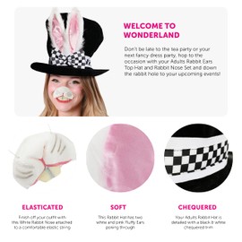 Adults Deluxe Wonderland Rabbit Hat With Large Ears and Attached Bow + Rabbit Nose Perfect for School Book Week + World Book Day Fancy Dress Costume Accessory