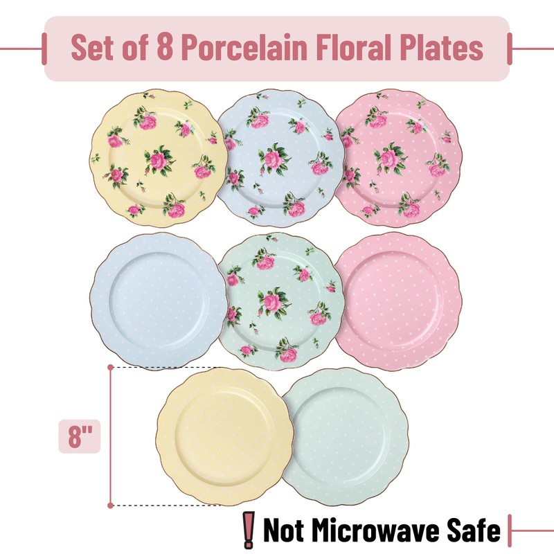 BTaT- Porcelain Floral Plates Set of 8, 8 Inch, Assorted