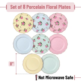BTaT- Porcelain Floral Plates Set of 8, 8 Inch, Assorted Pastel Colors with Golden Rim, Floral Dessert Plates, Spring Dinnerware, Dishwasher & Freezer Safe