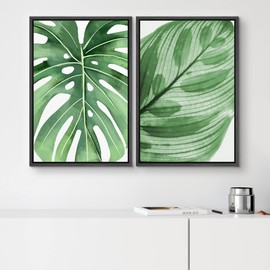 SIGNWIN Framed Canvas Print Wall Art Set Green Tropical Jungle Monstera Leaves Nature Wilderness Illustrations Modern Art Rustic Colorful Ultra for Living Room, Bedroom, Office - 16"x24"x2 Black