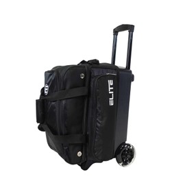 ELITE Deluxe 2 Ball Bowling Bag with 5" smooth wheels, Large Accessory pocket - Separate Compartment holds 1 pair of shoes up to US size 15 men - 36" extendable handle double roller (Black)