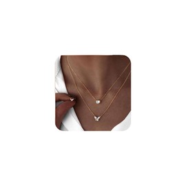 Yheakne Vintage Layered Crystal Butterfly Necklace Gold Rhinestone Necklace Round Cz Choker Necklace Tiny Rhinestone Butterfly Pendant Necklace Necklace Jewelry for Women