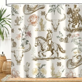 Aeyadis Western Cowboy Shower Curtain, Southwestern Vintage Horse Cactus Desert Cow Skull Bull Bath Curtain, Rustic Bathroom Decor Fabric with 12 Hooks, 72 x 72 Inch