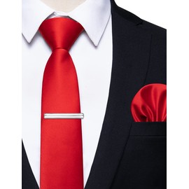 YourTies Red Solid Skinny Tie and Pocket Square Tie Clip Sets for Men Satin Slim Neckties with Gift Box