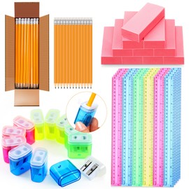 Tenceur 150 Pcs School Supplies Include 60 Pre Sharpened Pencils 30 Pcs 12 Inch Plastic Ruler 30 Double Hole Small Manual Pencil Sharpener 30 Pink Erasers for Back to School Supply Kit