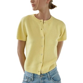 SeeLuNa Womens Short Sleeve Cardigan Button Down Sweaters Knitted Casual Solid Color Outerwear Lightweight Cropped Tops(Yellow,S)