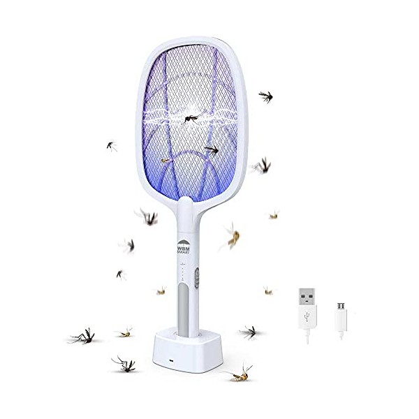 WBM Smart 2-in-1 Bug Zapper, Mosquitoes Trap Lamp & Racket, USB Rechargeable Electric Fly Swatter for Home and Outdoor-Powerful Grid 3-Layer Safety Mesh Safe to Touch, 1 Pack, White
