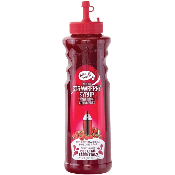 Master of Mixes Cocktail Essentials Infused Strawberry Syrup, 375 ML Bottle (12.7 Fl Oz), Individually Boxed in Ecommerce Protective Packaging