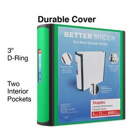 Staples 3-inch 3-Ring Better Binder, Green, 2/Pack (ST55894-CCVS)
