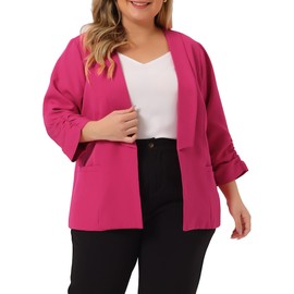 uxcell Women's Plus Size Blazers Shawl Collar Open Front 3/4 Ruched Sleeve Work Office Lightweight Blazers 2X Hot Pink