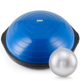 ZELUS 25in. Balance Ball | 600lb Inflatable Half Exercise Ball Wobble Board Balance Trainer w Nonslip Base | Half Yoga Ball Strength Training Equipment w 2 Bands, Pump, Extra Ball Included (Blue)