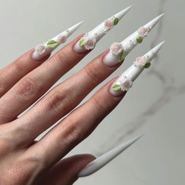 IMRAIN Long Press on Nails Stiletto White Fake Nails Full Cover Glossy Glue on Nails with Flower Designs Pure Color Artificial Stick on False Nails for Women 24Pcs
