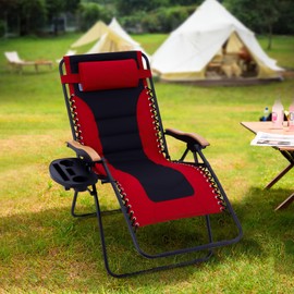 PHI VILLA XXL Oversized Padded Zero Gravity Chair, Foldable Patio Recliner, 30" Wide Seat Anti Gravity Lounger with Cup Holder, Support 400 LBS (Red)