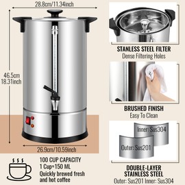 VIHOSE Commercial Coffee Maker Stainless Steel Electric Coffee Urns with 5oz Paper Cups and Coffee Drip Trays Hot Water Large Coffee Dispenser for Catering Restaurant Home Party (100 Cup/ 15 L)