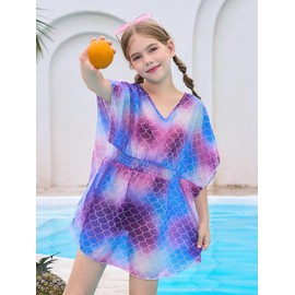 Haloumoning Girls Chiffon Swim Beach Cover Up Kids Cute Elastic Waist Printed Bathing Suit Coverups 5-14 Years