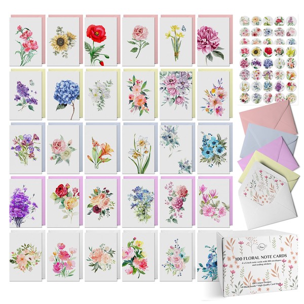 Dessie 100 Floral Blank Note Cards with Envelopes All Occasion. 100 4x6 Inch Blank Greeting Cards w/Pastel Color Envelopes & Floral Seals. 100 Different Floral Watercolor Designs - No Repeats.