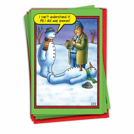 12 ‘Snowman Sneeze' Christmas Cards with Envelopes 4.63 x 6.75 inch, Happy Holidays Silly Suspicious Snowman, Funny Snowmen Season's Greetings Cards, Merry Christmas with Hilarious Snowman B5706