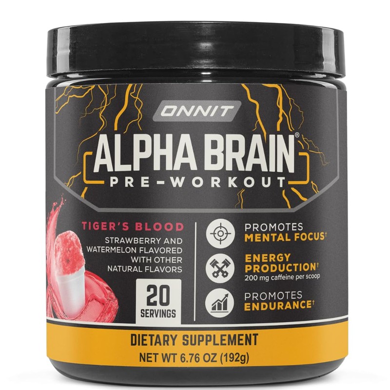 ONNIT Alpha Brain Pre-Workout Powder, Tiger's Blood Flavor, Pre-Workout Supplement