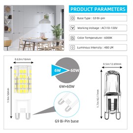 TZHILAN G9 LED Bulb, 6W (60W Halogen Equivalent),110V-130V, G9 Base Dimmable for Home Lighting,Daylight White 6000K,Pack of 5