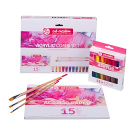 Talens Art Creation - Acrylic Paints and Paper Set - Combination Set - Painting Set - Painting for Beginners - Creative Set for Adults - 3 Brushes Included - 12 x 12 ml