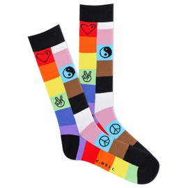 K. Bell Socks Men's Crew, Rainbow Patches (Black), 6.5-12