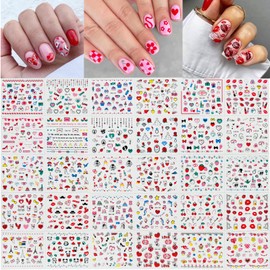 30 Sheets Valentine's Day Nail Art Stickers Red Heart Sticker Decals 3D Self-Adhesive Nail Supplies Lips Heart Letters Love Kiss Rose Flower Designs Sticker for Women Acrylic Nails Decorations
