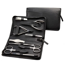 Sonnenschein by Hans Kniebes Manicure Set 9 Pieces Nail Scissors, Cuticle Scissors, Nail Clippers, Cuticle Nippers, Clippers, Tweezers, File, Manicure Case Nappa Sheepskin Black