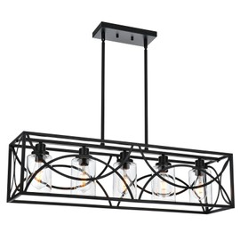 WINSHEN Black Kitchen Island Lighting, 5-Light Farmhouse Dining Room Chandelier with Clear Glass Shades, Rectangular Linear Pendant Light Fixture for Pool Table Living Room