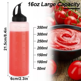Acrux7 6 PCS 12oz Condiment Squeeze Bottles, Refillable Leakproof Sauce Bottles with Twist On Cap, Funnels and Measurement, Plastic Squirt Squeeze Bottles for Sauces, Ketchup, Oil, Salad Dressings