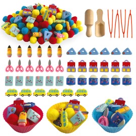 Unvola 154Pcs Back to School Sensory Bin Filler, Fine Motor Toys Stationery Sensory Bin Items Counting Sorting Toy for Preschool Education Activities Include Pom Poms Pen Scissors Notebooks Cup