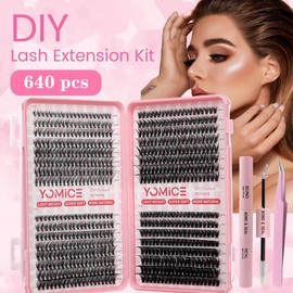 Yomice Cluster Lashes Kit 30+40+50+60 Eyelashes Individual Kit 640pcs Natural Lash Extension 8-16mm False Eyelashes Russian D Curl DIY Lash Extension kit with Bond and Seal(#03kit)