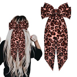 Pink Leopard Hair Bow Ribbon Clips for Women Oversized Cheetah Print hair Bows Barrettes Leopard Hair Clips Bowknot Ponytail Holder Long Tail Edgy Fashion Stylish Leopard Cheetah Hair Accessories