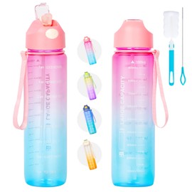 1 Liter Sport Wasserflaschen, große Kapazität Time Maker Wasserflasche, Kunststoff auslaufsicher langlebig Trinkflasche für Sport, Gym, Fitness, Radfahren, Reisen, Schule und Büro (Pink-Lila & Blau)