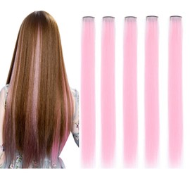 5 Piezas Extensiones De Cabello Rosa Claro De 23 Pulgadas,Extensiones de Cabello Clip, Extensiones Con Clip Para Fiestas,Lacio Multicolor En Extensiones De Cabello Coloridas