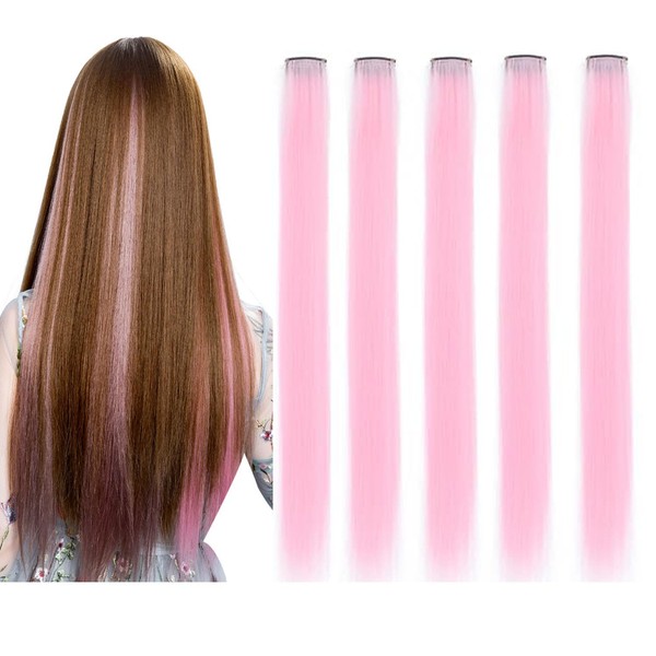 5 Piezas Extensiones De Cabello Rosa Claro De 23 Pulgadas,Extensiones