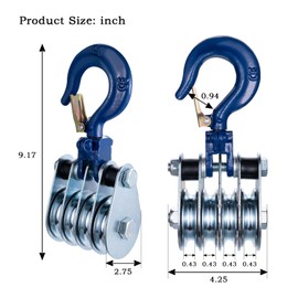 SHINICO 1Ton Four Cable Pulley Block, Heavy Duty Pulley System, Lifting Block Hoist with Hook and 65ft/20m Nylon Rope 0.39"/10mm